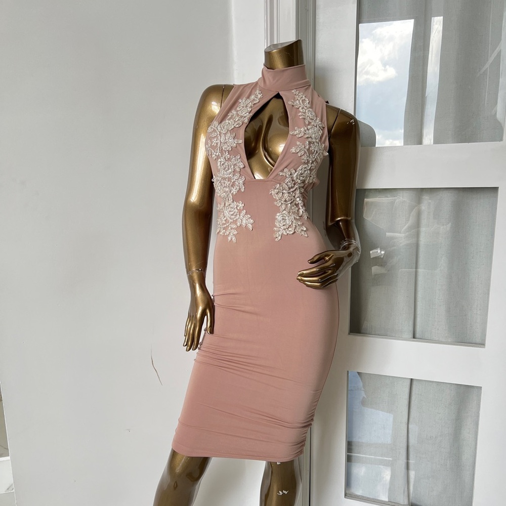 Oh Polly Blush Pink Backless Dress with Floral Lace